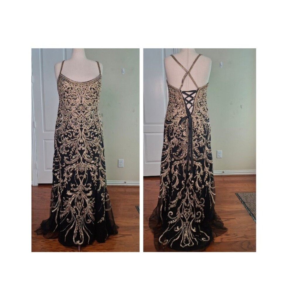 MoriLee Madeline Gardner Evening Gown Black Gold 18 Rhinestone Mermaid Lace Up